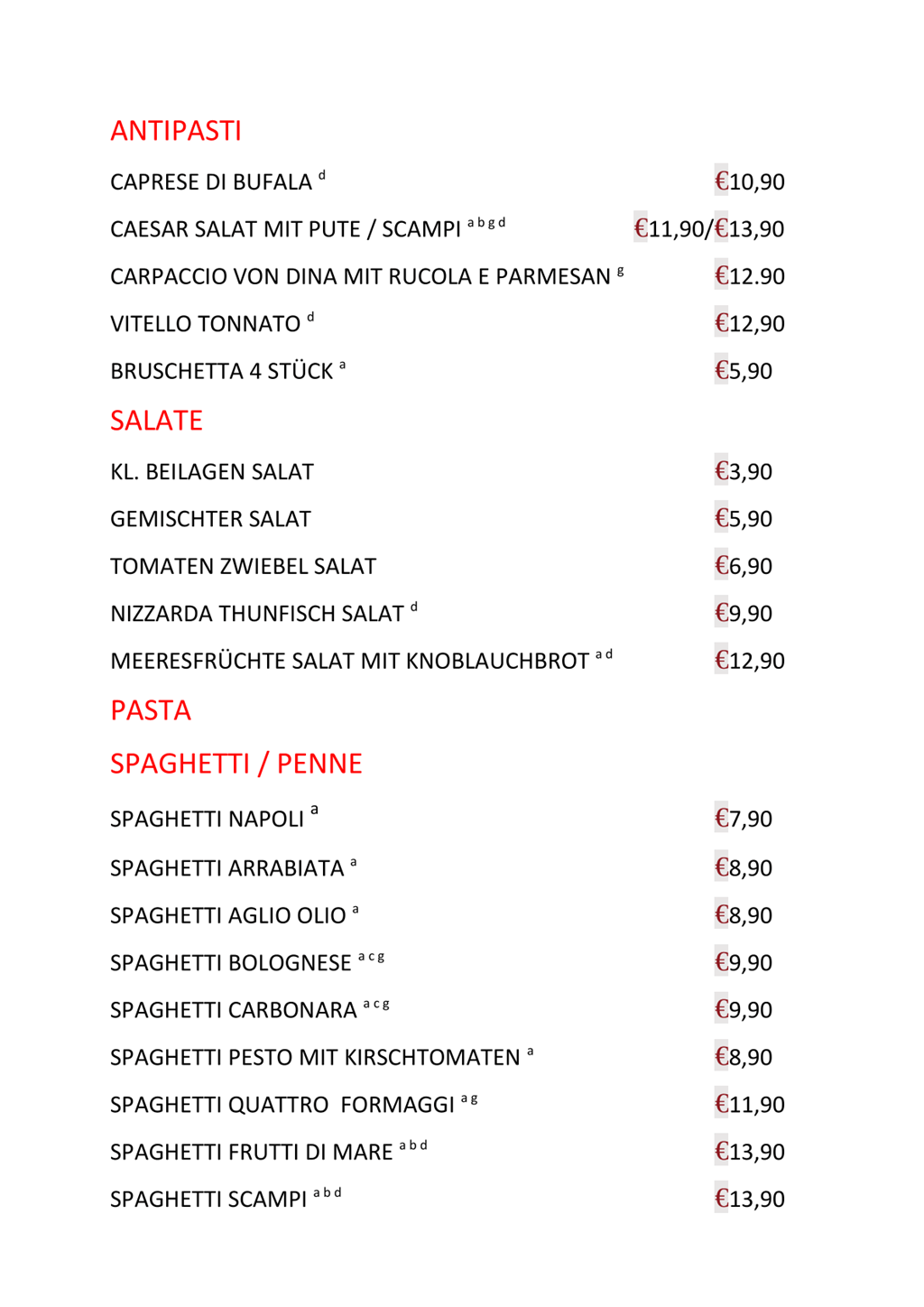 Speisekarte Seite 1